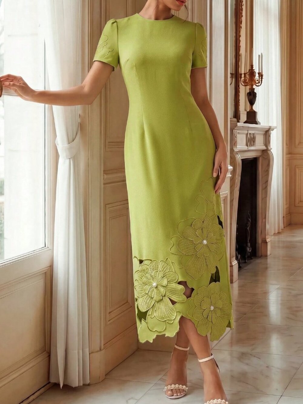 Green Elegant Women's Waist Cinching Dress with Cutout Embroidery and Beads - Picture 5 of 7